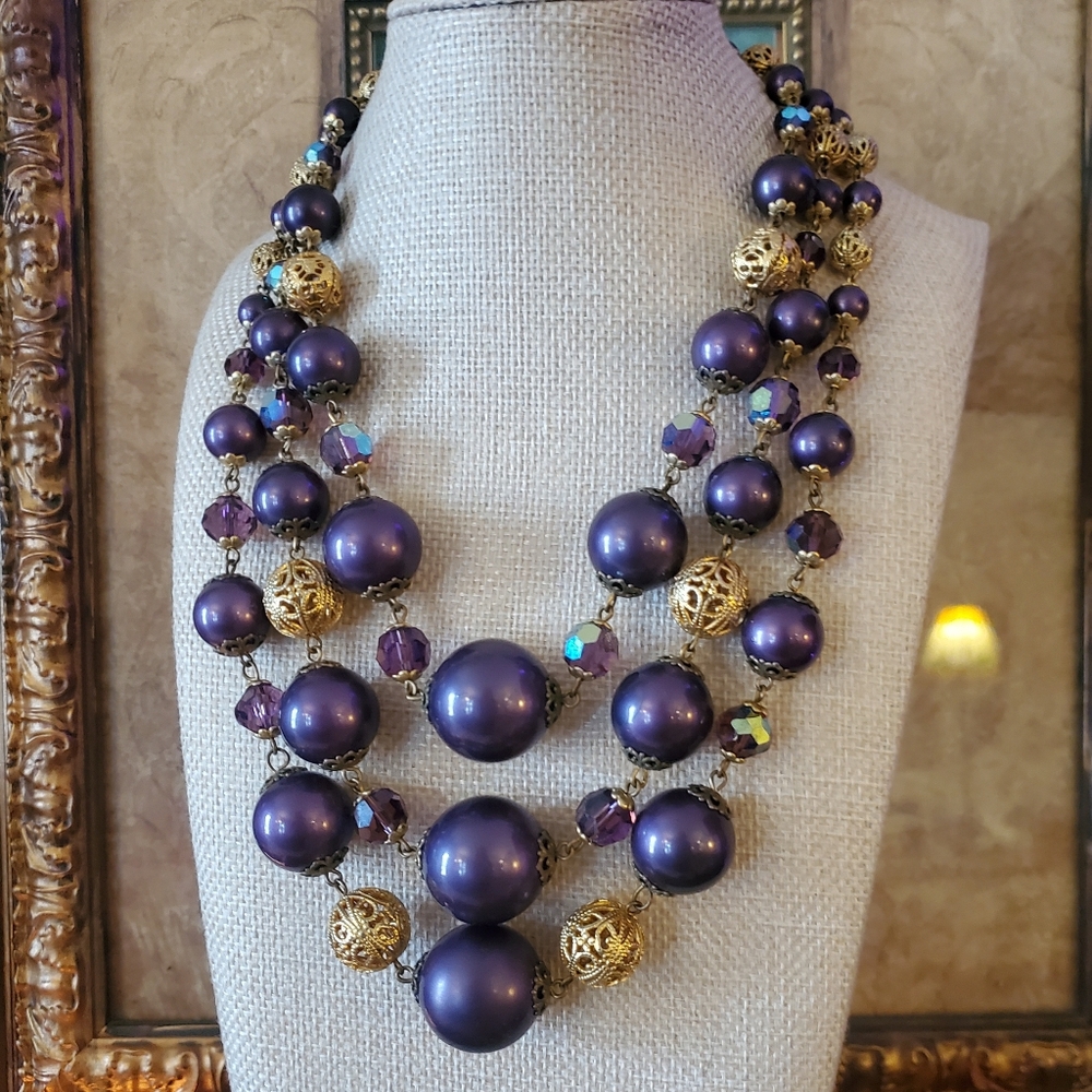 Vintage Purple Bead Necklace Glass Aurora Borealis Multi Strand Layer 5